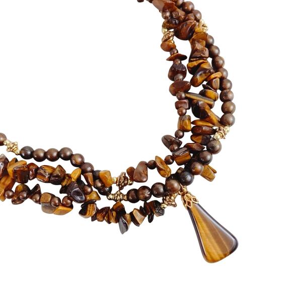 VTG Tiger's Eye Chip Bead Necklace Multi Strand 80s Gemstone Boho Jewelry 17" - Picture 1 of 11